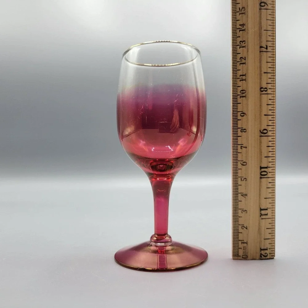 Vintage Set Of 2 MCM Cranberry Ombre Wine Glasses With Gold Rim Accent #2